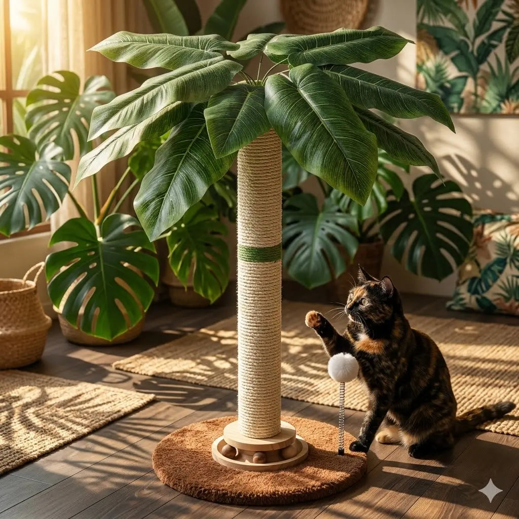 LeafClimb 28” Cat Scratching Post – Sisal Rope Scratcher with Tropical Leaf Design & Hanging Toy