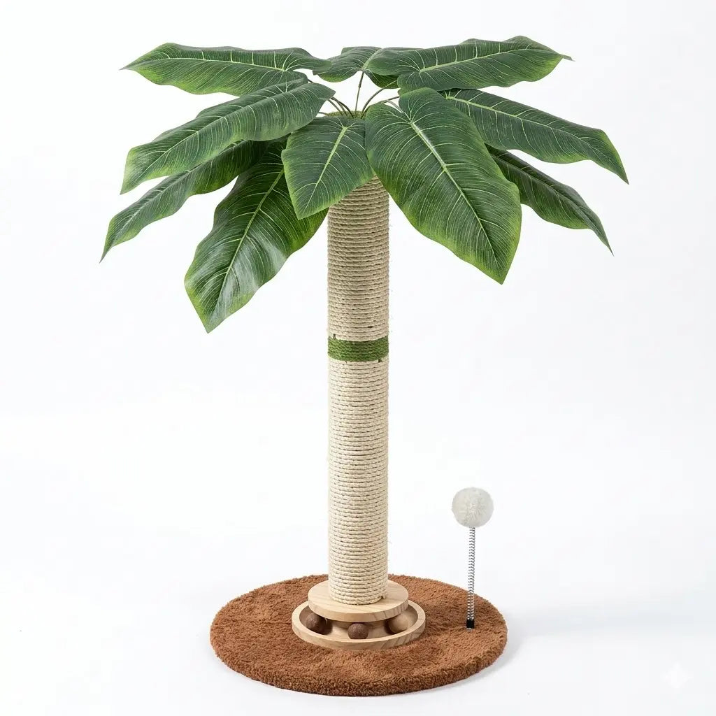 LeafClimb 28” Cat Scratching Post – Sisal Rope Scratcher with Tropical Leaf Design & Hanging Toy