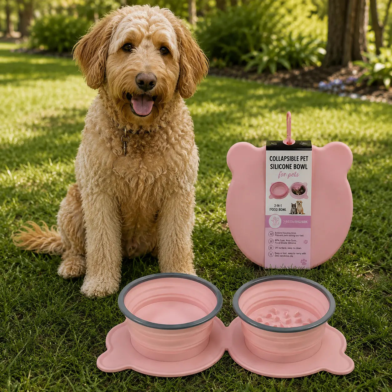 FoldFeast 2-in-1 Collapsible Pet Bowl – Portable Food & Water Bowl with Slow Feeder Design