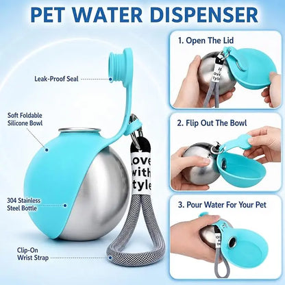 TrailSip 10oz Stainless Steel Dog Water Bottle – Portable 2-in-1 Travel Bottle with Foldable Bowl