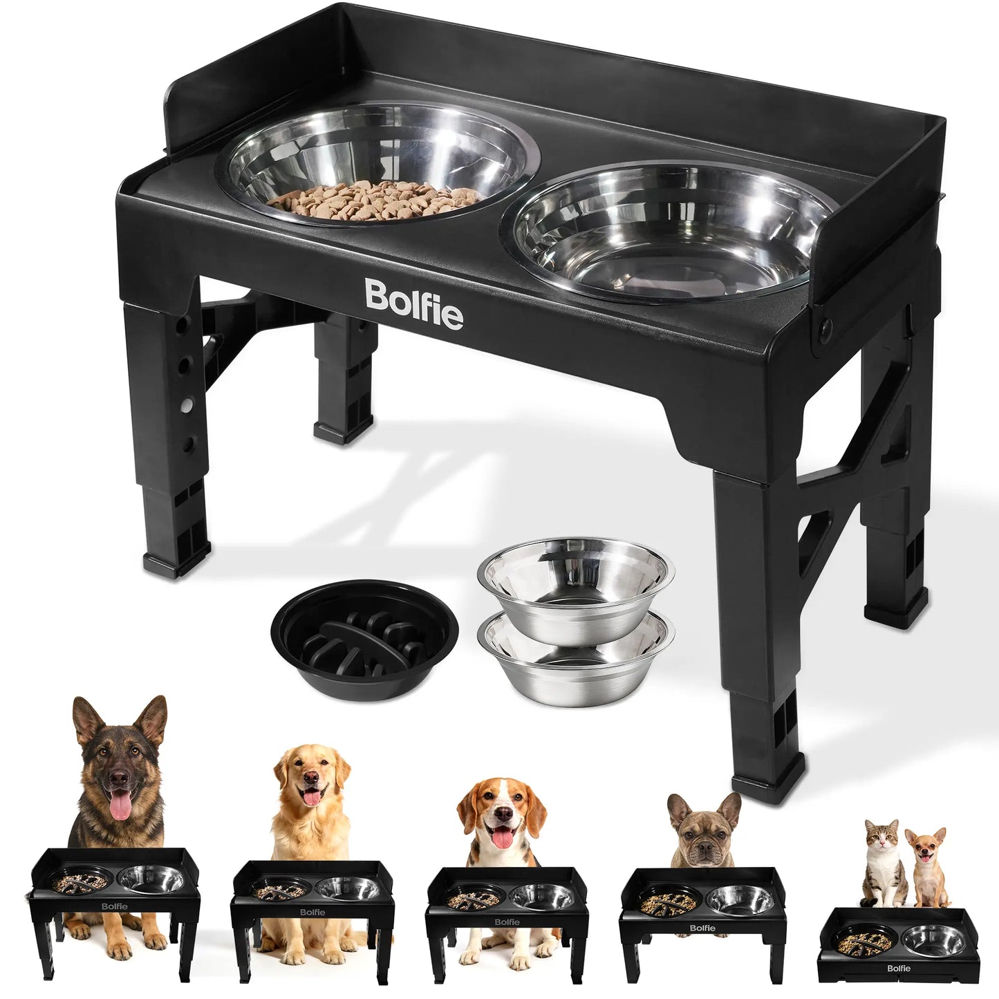 RiseDine Adjustable Elevated Dog Bowl Stand – Raised Feeder with Stainless Steel Bowls & Slow Feeder