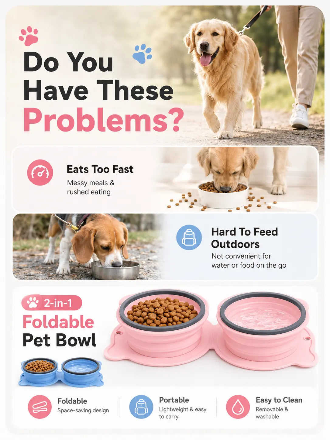 FoldFeast 2-in-1 Collapsible Pet Bowl – Portable Food & Water Bowl with Slow Feeder Design