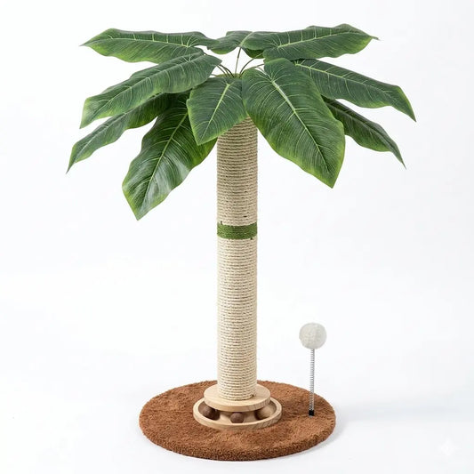 LeafClimb 28” Cat Scratching Post – Sisal Rope Scratcher with Tropical Leaf Design & Hanging Toy