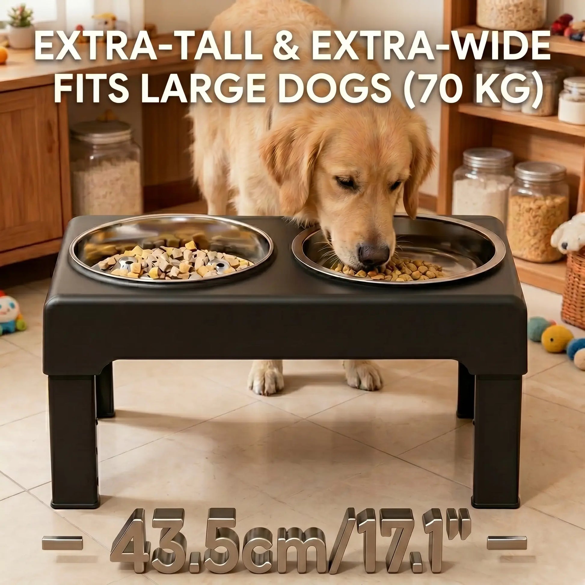 PETITRINU Adjustable Elevated Dog Bowls for Large Breeds, Stainless Steel Slow Feeder with Height-Adjustable Stand (21-27 cm / 8.3-10.6''), 17.1" Wide Anti-Slip No-Spill Design for Neck Support and Healthy Digestion