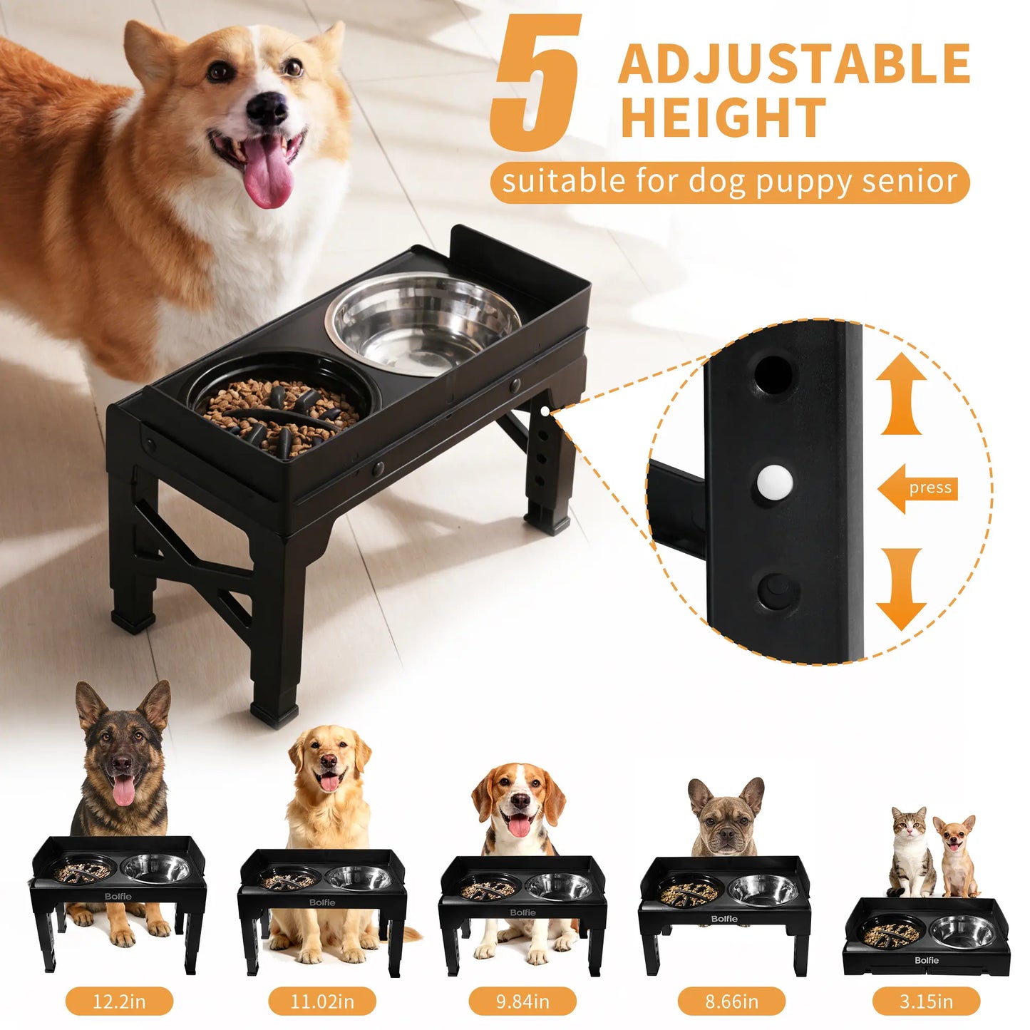 RiseDine Adjustable Elevated Dog Bowl Stand – Raised Feeder with Stainless Steel Bowls & Slow Feeder