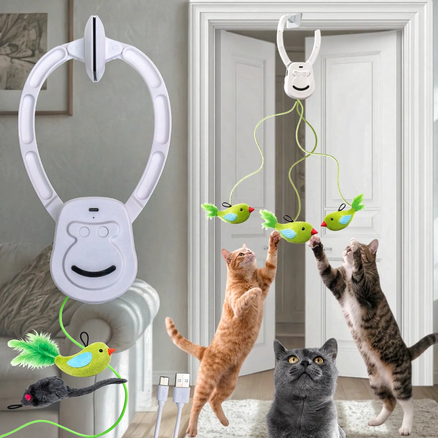 PurrMotion 360° Rechargeable Cat Teaser Toy – Interactive Door-Mounted Cat Toy with Adjustable String & USB-C Charging