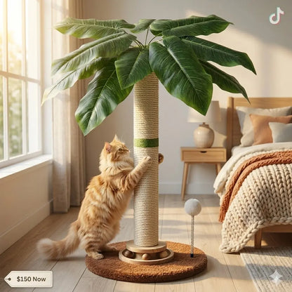 LeafClimb 28” Cat Scratching Post – Sisal Rope Scratcher with Tropical Leaf Design & Hanging Toy