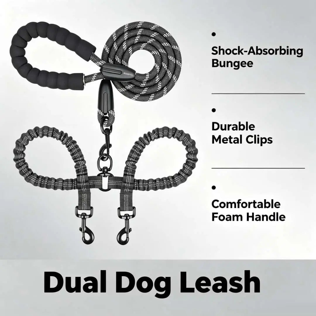 DualFlex Tangle-Free Dog Leash – Shock-Absorbing Reflective Leash for Walking Two Dogs
