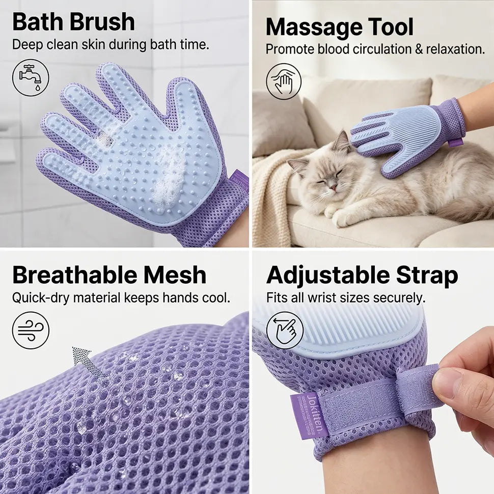 GroomEase Double-Sided Pet Hair Glove – Five-Finger Grooming Brush for Bathing & Deshedding
