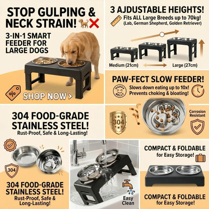 PETITRINU Adjustable Elevated Dog Bowls for Large Breeds, Stainless Steel Slow Feeder with Height-Adjustable Stand (21-27 cm / 8.3-10.6''), 17.1" Wide Anti-Slip No-Spill Design for Neck Support and Healthy Digestion