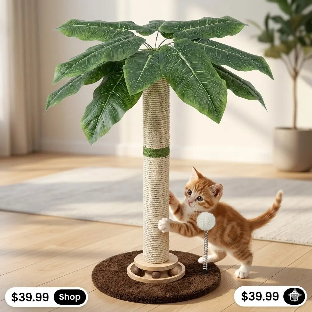 LeafClimb 28” Cat Scratching Post – Sisal Rope Scratcher with Tropical Leaf Design & Hanging Toy