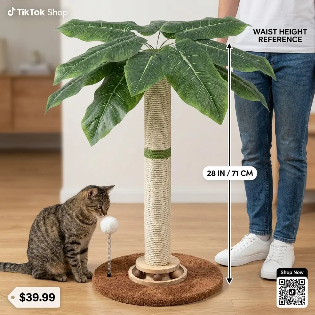 LeafClimb 28” Cat Scratching Post – Sisal Rope Scratcher with Tropical Leaf Design & Hanging Toy