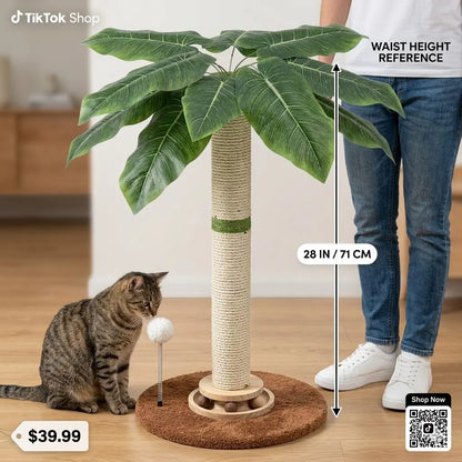 LeafClimb 28” Cat Scratching Post – Sisal Rope Scratcher with Tropical Leaf Design & Hanging Toy