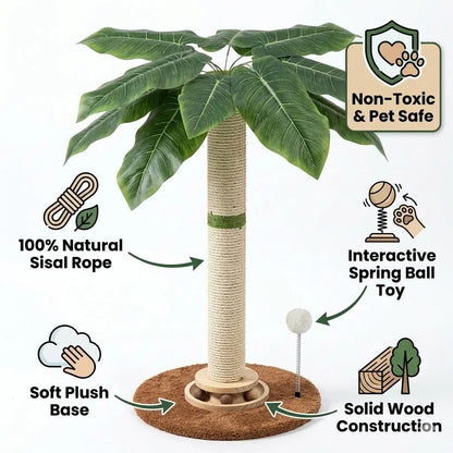 LeafClimb 28” Cat Scratching Post – Sisal Rope Scratcher with Tropical Leaf Design & Hanging Toy