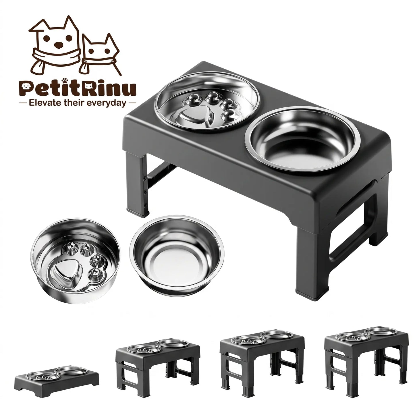 PETITRINU Adjustable Elevated Dog Bowls for Large Breeds, Stainless Steel Slow Feeder with Height-Adjustable Stand (21-27 cm / 8.3-10.6''), 17.1" Wide Anti-Slip No-Spill Design for Neck Support and Healthy Digestion