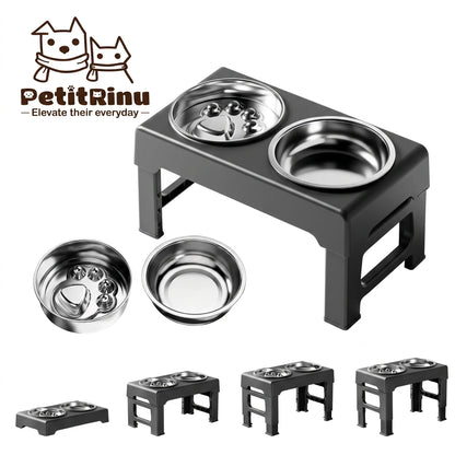 PETITRINU Adjustable Elevated Dog Bowls for Large Breeds, Stainless Steel Slow Feeder with Height-Adjustable Stand (21-27 cm / 8.3-10.6''), 17.1" Wide Anti-Slip No-Spill Design for Neck Support and Healthy Digestion